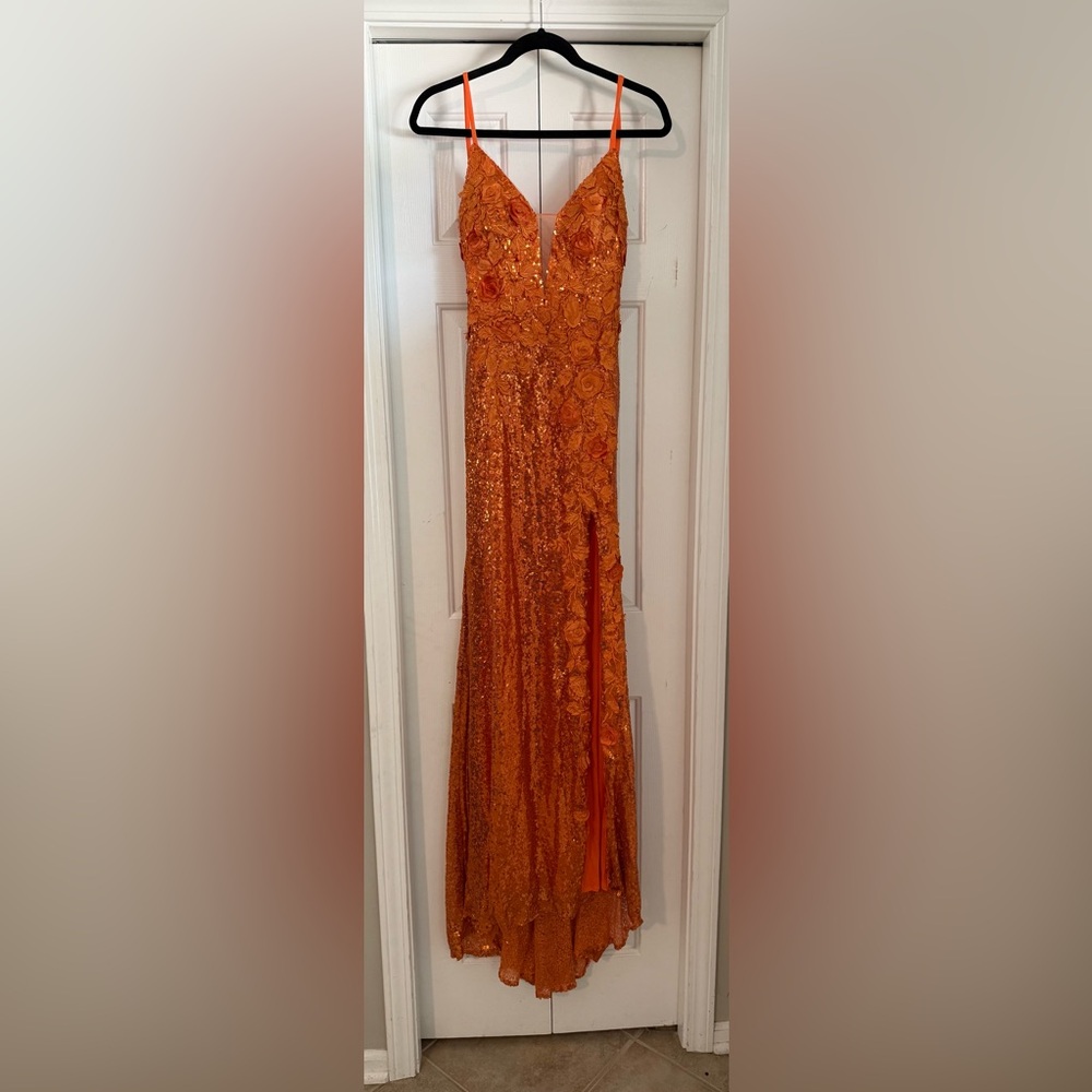 Elegant Orange Sequin Embellished Floral Gown